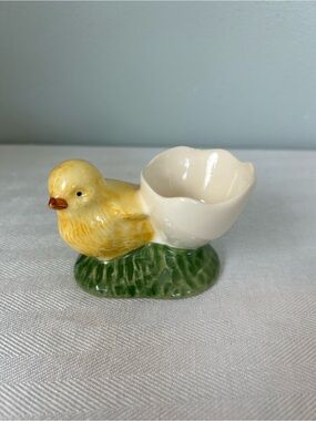 Ceramic Yellow Chick Egg Cup with Green Base